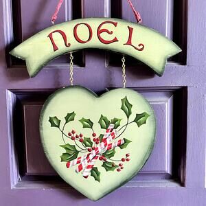 VTG Hand Painted Double Sided Wooden Welcome Sign Noel Christmas Scandi Heart